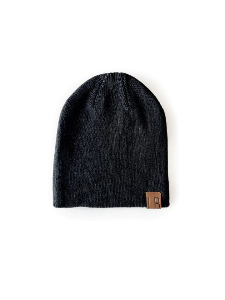 Knit Beanie - Black with Leather Patch