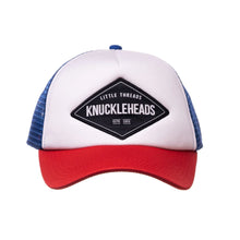 Load image into Gallery viewer, Knuckleheads Kids Trucker Hat Diamond Snapback Flat Bill Red &amp; Blue
