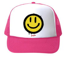 Load image into Gallery viewer, Smiley Face Pink &amp; White Trucker Hat
